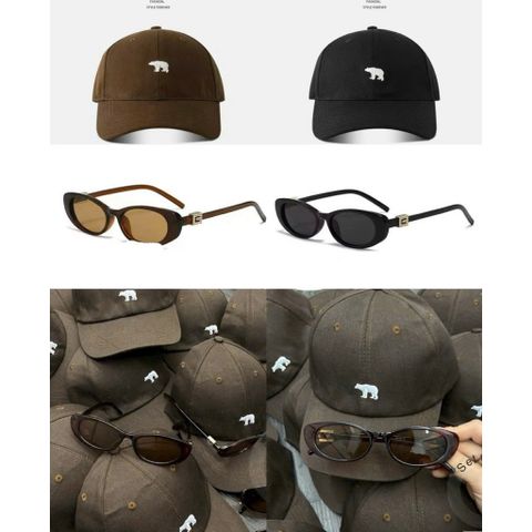 Combo Mũ Lưỡi Trai Thêu Gấu Trắng & Mắt Kính Nâu Vintage - Set Phụ Kiện Thời Trang Nam Nữ Phong Cách Hàn Quốc