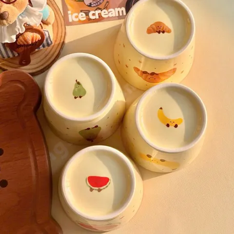Sét 4 Cốc Sứ Decor Cao Cấp Hình Trái Cây & Croissant Dễ Thương - Ly Sứ Uống Nước, Trà, Cà Phê Hoạt Hình Vintage Đáng Yêu