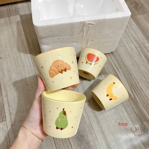 Sét 4 Cốc Sứ Decor Cao Cấp Hình Trái Cây & Croissant Dễ Thương - Ly Sứ Uống Nước, Trà, Cà Phê Hoạt Hình Vintage Đáng Yêu