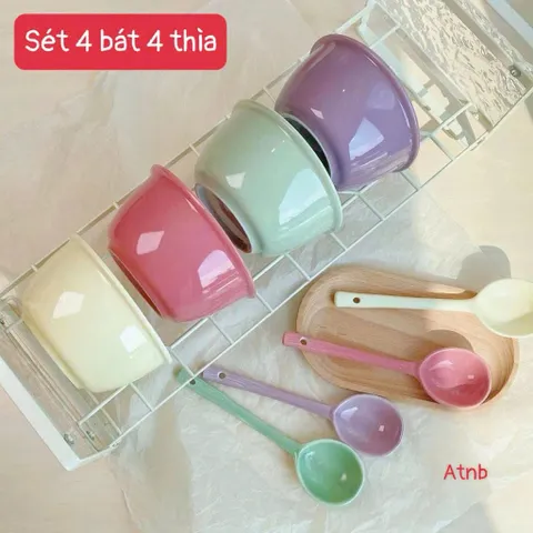 Bộ Bát Ăn Cơm Gốm Sứ Pastel Kèm Thìa Cao Cấp - Chén Sứ Decor Phong Cách Hàn Quốc Macaron Xinh Xắn