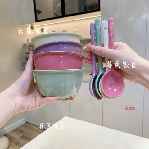 Bộ Bát Ăn Cơm Gốm Sứ Pastel Kèm Thìa Cao Cấp - Chén Sứ Decor Phong Cách Hàn Quốc Macaron Xinh Xắn