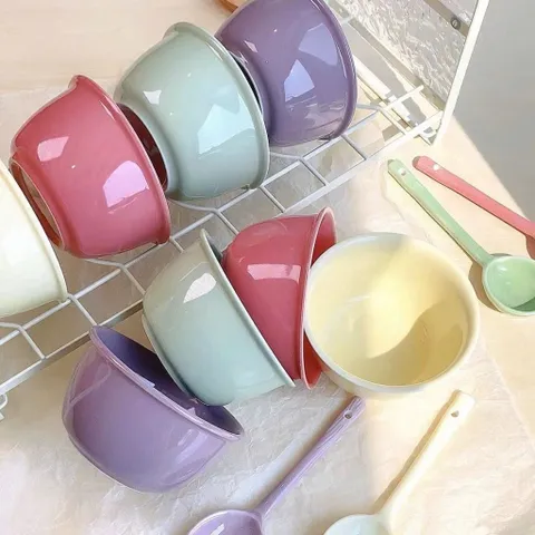 Bộ Bát Ăn Cơm Gốm Sứ Pastel Kèm Thìa Cao Cấp - Chén Sứ Decor Phong Cách Hàn Quốc Macaron Xinh Xắn