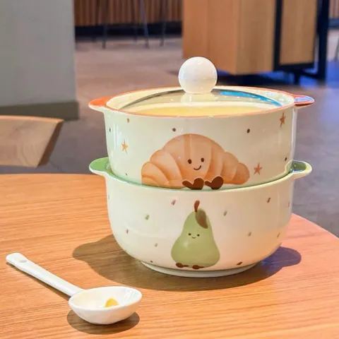 Thố Sứ Có Tay Cầm Kèm Nắp Chống Nóng, Bát Đựng Soup Salad Decor Hình Gấu Và Trái Cây Cao Cấp Dùng Được Lò Vi Sóng