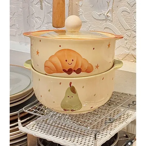Thố Sứ Có Tay Cầm Kèm Nắp Chống Nóng, Bát Đựng Soup Salad Decor Hình Gấu Và Trái Cây Cao Cấp Dùng Được Lò Vi Sóng