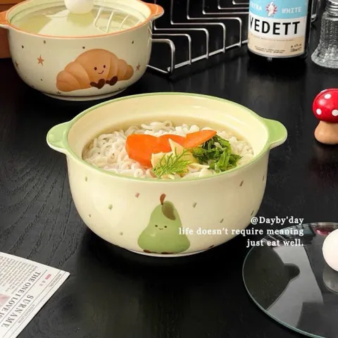 Thố Sứ Có Tay Cầm Kèm Nắp Chống Nóng, Bát Đựng Soup Salad Decor Hình Gấu Và Trái Cây Cao Cấp Dùng Được Lò Vi Sóng