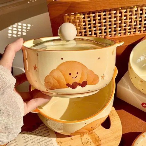 Thố Sứ Có Tay Cầm Kèm Nắp Chống Nóng, Bát Đựng Soup Salad Decor Hình Gấu Và Trái Cây Cao Cấp Dùng Được Lò Vi Sóng