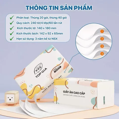 Khăn Giấy Rút Top Gia Gói 240 Tờ Giấy - Giấy Ăn Top Gia Mềm Mịn, Thấm Hút Tốt