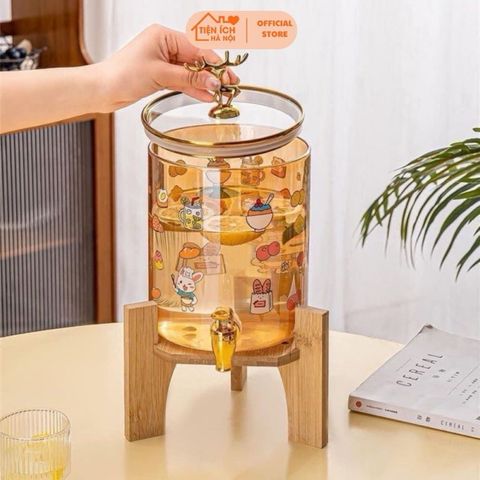 Bình Thuỷ Tinh Hổ Phách Chịu Nhiệt Có Vòi - Dung Tích 3.6 Lít, Tặng Kèm Giá Đỡ