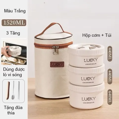 Hộp đựng cơm giữ nhiệt văn phòng lúa mạch kèm khay inox 304 chống han rỉ
