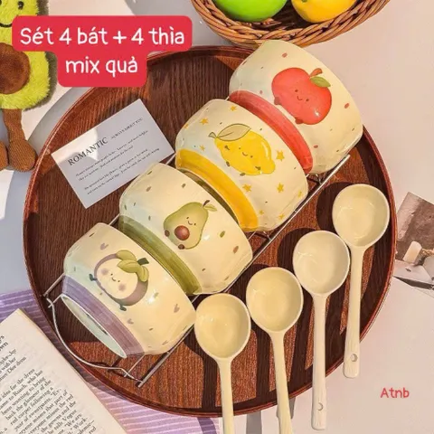 Set 4 Bát Sứ Kèm Thìa Decor Cao Cấp – Bộ Chén Ăn Cơm Họa Tiết Hoa Quả Cute, Gốm Sứ Tráng Men Sáng Bóng Chịu Nhiệt Tố