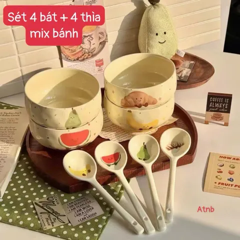 Set 4 Bát Sứ Kèm Thìa Decor Cao Cấp – Bộ Chén Ăn Cơm Họa Tiết Hoa Quả Cute, Gốm Sứ Tráng Men Sáng Bóng Chịu Nhiệt Tố