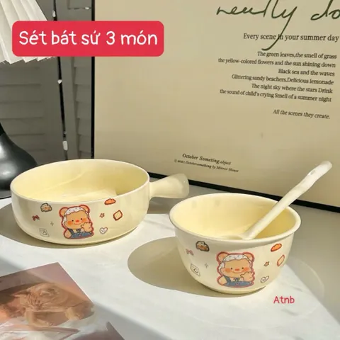 Bộ Bát Đĩa Sứ Decor Hình Gấu Bear Kem Bơ - Bát Ăn Dặm, Tô Sứ Có Tay Cầm Cao Cấp Dễ Thương Cho Bé Và Gia Đình