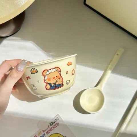 Bộ Bát Đĩa Sứ Decor Hình Gấu Bear Kem Bơ - Bát Ăn Dặm, Tô Sứ Có Tay Cầm Cao Cấp Dễ Thương Cho Bé Và Gia Đình