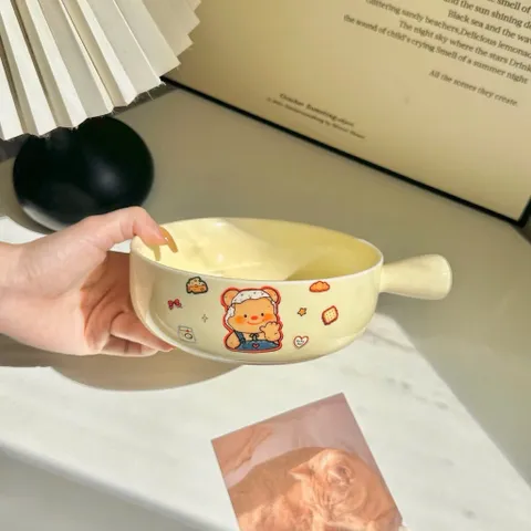 Bộ Bát Đĩa Sứ Decor Hình Gấu Bear Kem Bơ - Bát Ăn Dặm, Tô Sứ Có Tay Cầm Cao Cấp Dễ Thương Cho Bé Và Gia Đình