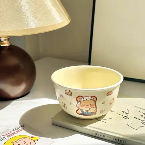 Bộ Bát Đĩa Sứ Decor Hình Gấu Bear Kem Bơ - Bát Ăn Dặm, Tô Sứ Có Tay Cầm Cao Cấp Dễ Thương Cho Bé Và Gia Đình