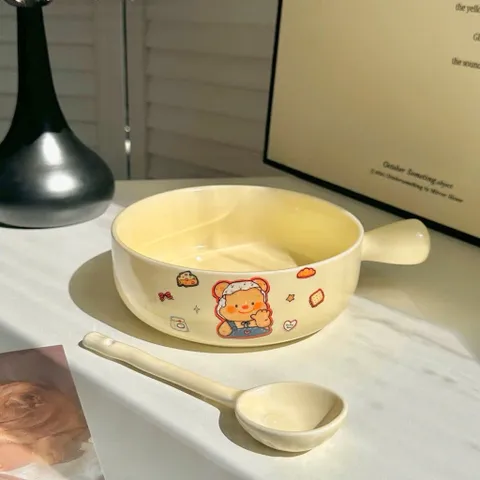 Bộ Bát Đĩa Sứ Decor Hình Gấu Bear Kem Bơ - Bát Ăn Dặm, Tô Sứ Có Tay Cầm Cao Cấp Dễ Thương Cho Bé Và Gia Đình