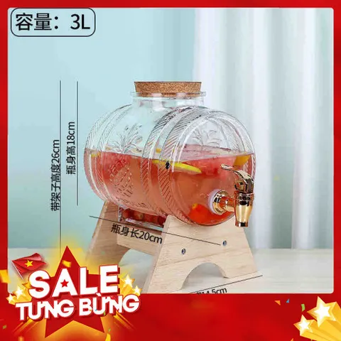 Bình thủy tinh đựng nước có vòi tặng kèm chân gỗ