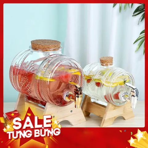 Bình thủy tinh đựng nước có vòi tặng kèm chân gỗ