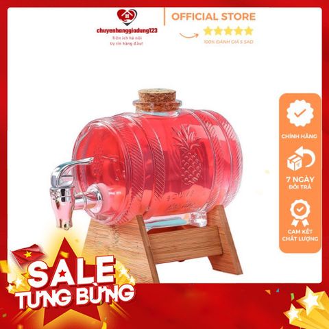 Bình Đựng Rượu Thuỷ Tinh kèm vòi và Giá Đỡ Gỗ dung tích 1 lít