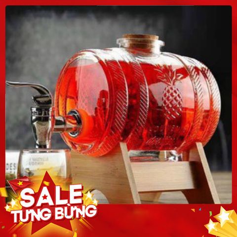 Bình Đựng Rượu Thuỷ Tinh kèm vòi và Giá Đỡ Gỗ dung tích 1 lít