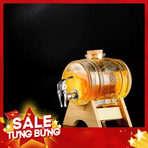 Bình Đựng Rượu Thuỷ Tinh kèm vòi và Giá Đỡ Gỗ dung tích 1 lít