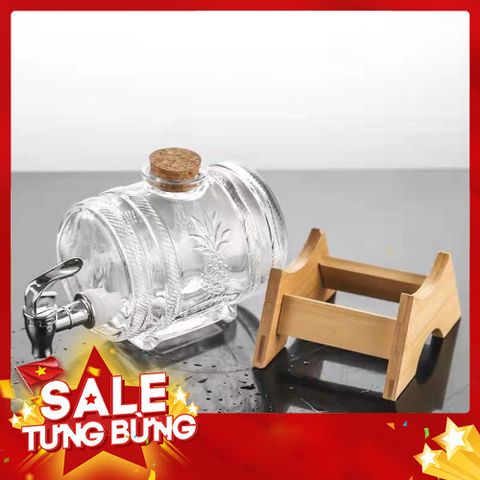 Bình Đựng Rượu Thuỷ Tinh kèm vòi và Giá Đỡ Gỗ dung tích 1 lít