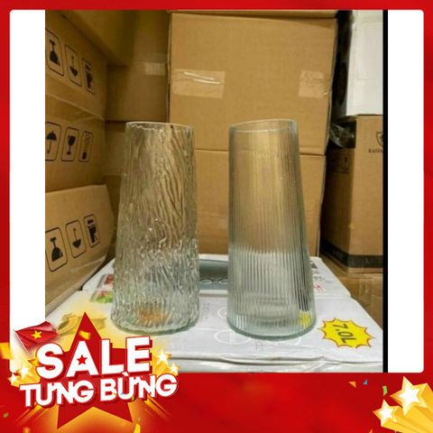 Lọ hoa thủy tinh viền vàng Bình hoa thủy tinh dáng trụ vát cao 21,5 cm decor trang trí