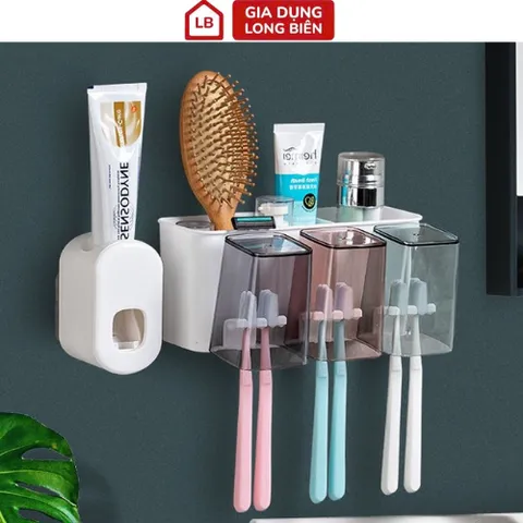 Giá Để Bàn Chải Dán Tường Kèm Nhả Kem Đánh Răng Tự Động - Tặng Kèm 3 Cốc Tiện Lợi