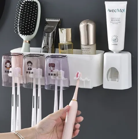 Giá Để Bàn Chải Dán Tường Kèm Nhả Kem Đánh Răng Tự Động - Tặng Kèm 3 Cốc Tiện Lợi