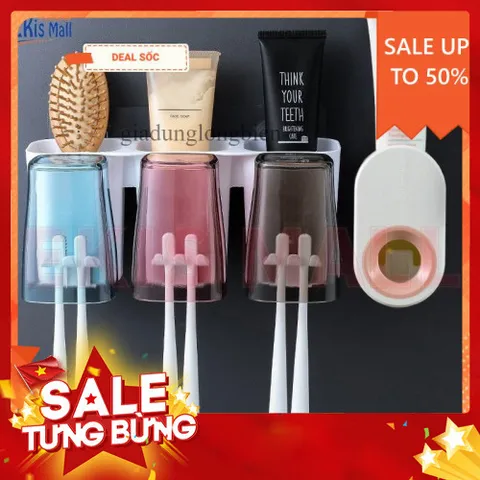 Giá Để Bàn Chải Dán Tường Kèm Nhả Kem Đánh Răng Tự Động - Tặng Kèm 3 Cốc Tiện Lợi
