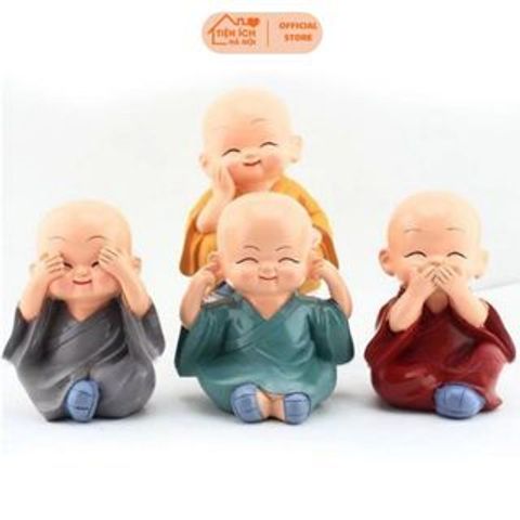 Bộ 4 Tượng Chú Tiểu Bốn Hòa Thượng Tứ Không Mini - Decor Ô Tô, Bàn Làm Việc Bằng Sứ An Lạc