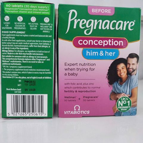 [Mẫu Mới] Viên uống Tăng Khả Năng Thụ Thai Vitabiotics Pregnacare Him & Her Conception 60 viên - Đẩy Nhanh Quá Trình Mang Thai Tự Nhiên - S/P Chuẩn UK