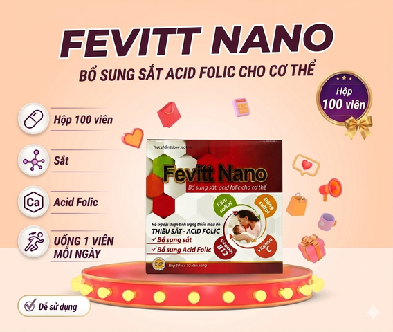 Fevitt Nano Bổ Sung Sắt- Acid Folic Cho Người Thiếu Máu- Hộp 100 Viên