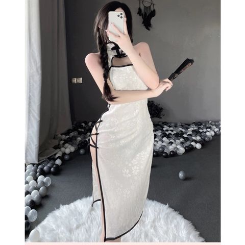 Váy Sườn Xám Đan Dây Hông Sexy Nhung Họa Tiết Hoa Mềm Mịn Gợi Cảm Đồ Ngủ Cosplay Cổ Trang Xẻ Tà Quyến Rũ - N785 Trắng