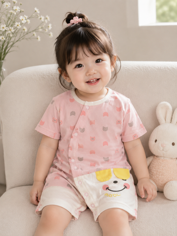 Hàng QC - Bodysuit gấu cute mặt cười đáng yêu mát mẻ mùa hè cho bé gái