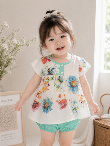Hàng QC- Set bộ tole lanh hoa xinh xắn mát mẻ mùa hè cho bé gái