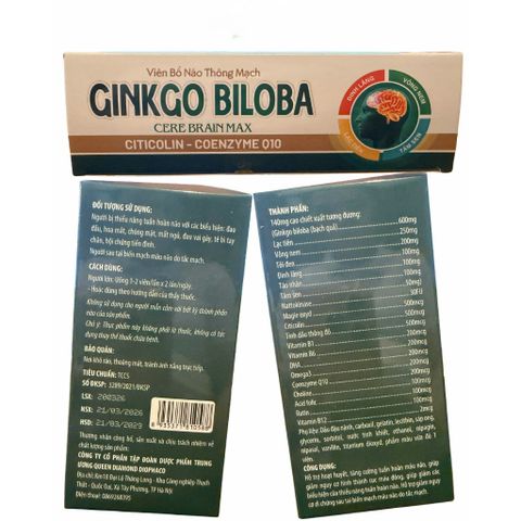 Ginkgo Biloba Cere Brain Max 600mg++ Viên Bổ Não Thông Mạch Hỗ Trợ Tuần Hoàn Máu Não Hộp 100 Viên