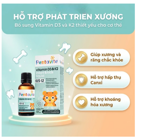 Siro hỗ trợ xương và răng chắc khoẻ Pentavite Vitamin D3 & K2 Infant & Kid liquid 30ml