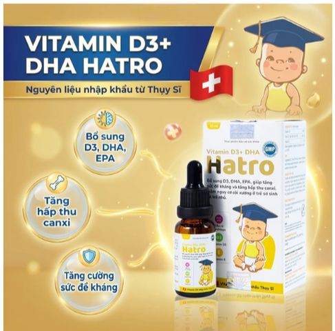 Dung dịch bổ sung Vitamin D3, DHA, EPA tăng đề kháng, giảm nguy cơ còi xương Vitamin D3+ DHA Hatro (20ml)
