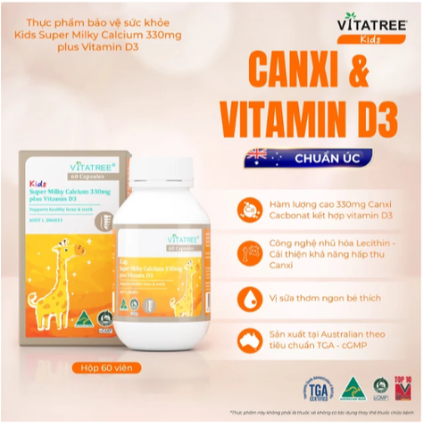 Viên uống bổ sung canxi, Vitamin D3, giúp xương răng chắc khoẻ Vitatree Kids Super Milky Calcium 330mg plus Vitamin D3 (Hộp 60 viên)