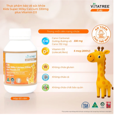 Viên uống bổ sung canxi, Vitamin D3, giúp xương răng chắc khoẻ Vitatree Kids Super Milky Calcium 330mg plus Vitamin D3 (Hộp 60 viên)
