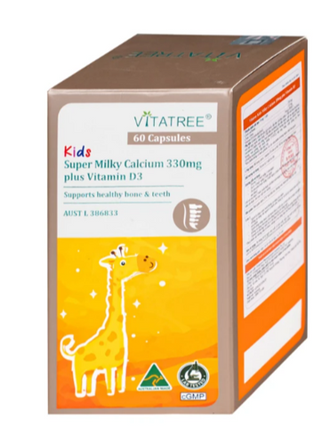 Viên uống bổ sung canxi, Vitamin D3, giúp xương răng chắc khoẻ Vitatree Kids Super Milky Calcium 330mg plus Vitamin D3 (Hộp 60 viên)