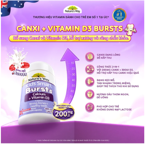 Viên uống bổ sung canxi và vitamin D3 giúp xương và răng chắc khỏe Nature's Way Kids Smart Bursts Calcium + Vitamin D3 (Hộp 50 viên)