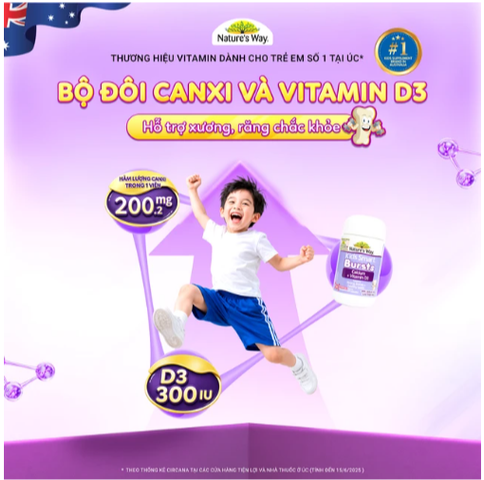 Viên uống bổ sung canxi và vitamin D3 giúp xương và răng chắc khỏe Nature's Way Kids Smart Bursts Calcium + Vitamin D3 (Hộp 50 viên)