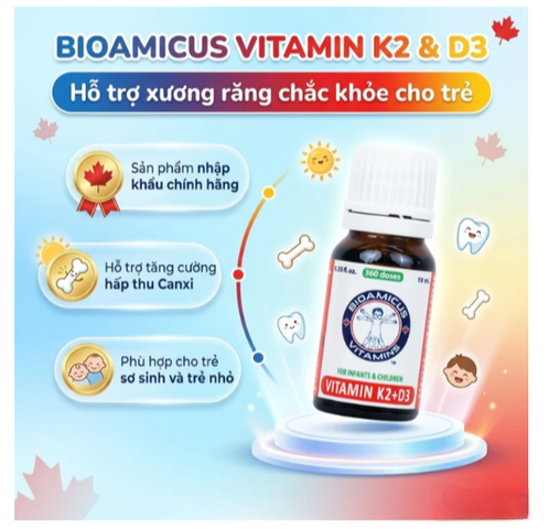 Dung dịch uống hỗ trợ tăng cường hấp thu Calcium Bioamicus Vitamin K2 & D3 (10ml)