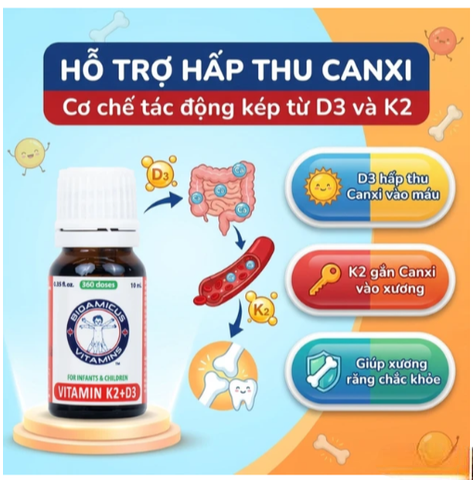 Dung dịch uống hỗ trợ tăng cường hấp thu Calcium Bioamicus Vitamin K2 & D3 (10ml)
