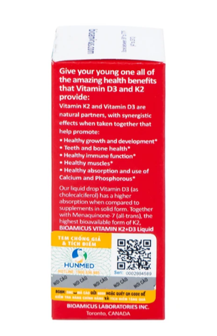 Dung dịch uống hỗ trợ tăng cường hấp thu Calcium Bioamicus Vitamin K2 & D3 (10ml)