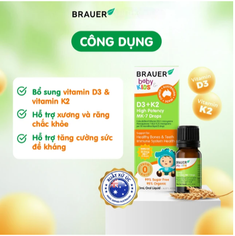 Siro giúp xương răng chắc khỏe, bổ sung vitamin D3 + K2 Brauer Baby & Kids D3 + K2 High Potency MK-7 Drops (10ml)