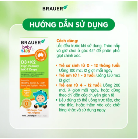 Siro giúp xương răng chắc khỏe, bổ sung vitamin D3 + K2 Brauer Baby & Kids D3 + K2 High Potency MK-7 Drops (10ml)