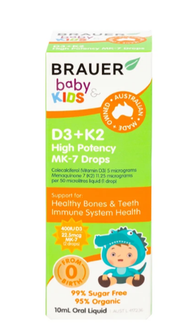 Siro giúp xương răng chắc khỏe, bổ sung vitamin D3 + K2 Brauer Baby & Kids D3 + K2 High Potency MK-7 Drops (10ml)